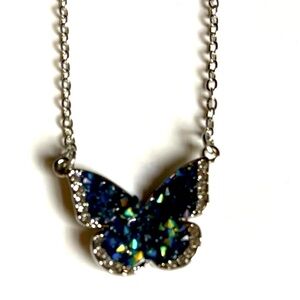 NWT Glittery Navy Blue Butterfly Necklace with Rhinestones